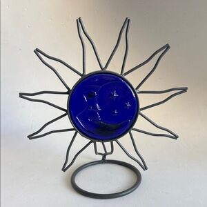 Vintage Wrought Iron Cobalt Blue Moon & Star Glass Candle Holder